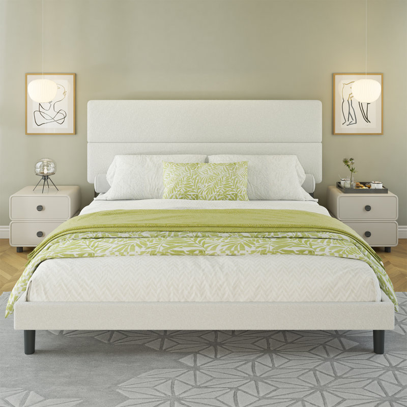 Boucle King Size Upholstered Bed Frame With 50" High Adjustable Headboard,White, White, King