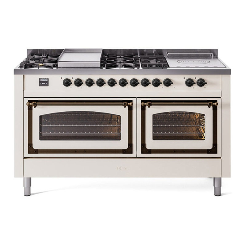 ILVE Nostalgie II Noblesse 60 in Dual Fuel Range 7 Burner, Griddle, Frenchtop, Antique White/Burnished, Natural Gas