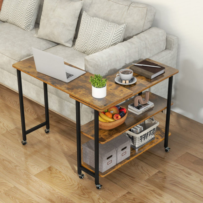 360° Rotating Sofa Side Table With 2-Tier Storage Shelves, Brown