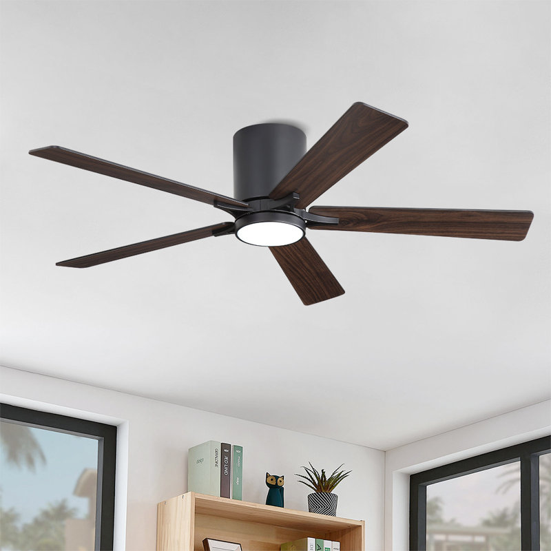 Dc Motor Indoor Flush Mount Ceiling Fan With Light Kit And Remote, Black, Black/Walnut, 11" H x 48" W x 48" D