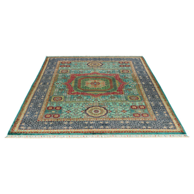 Tapis tribal turc bleu et gris 6 x 8