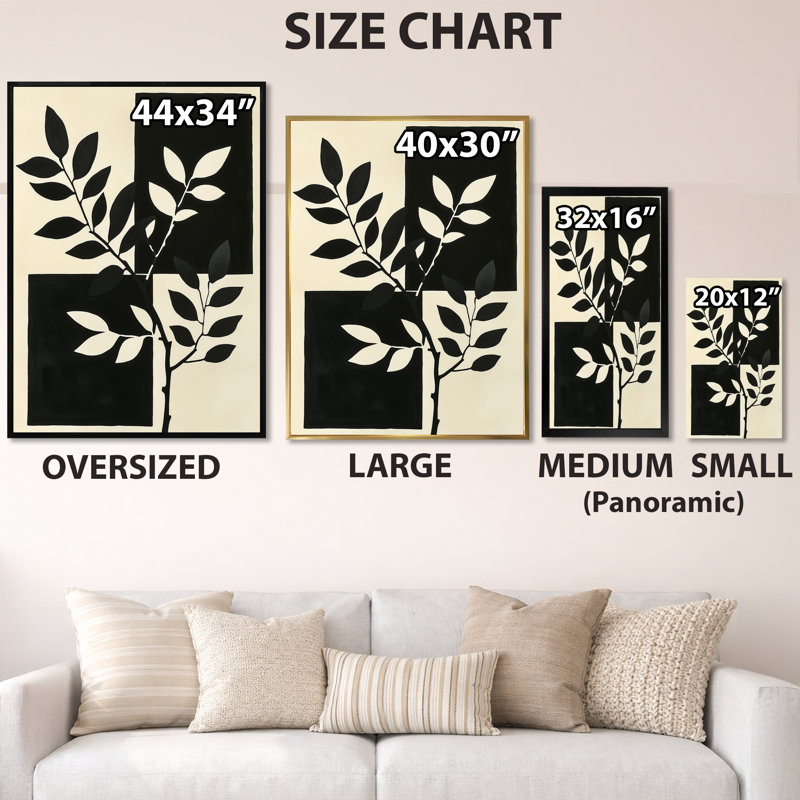 Silhouettes de feuillage modernes - Toile murale en feuilles, H 40 po x l 30 po, Toile tendue