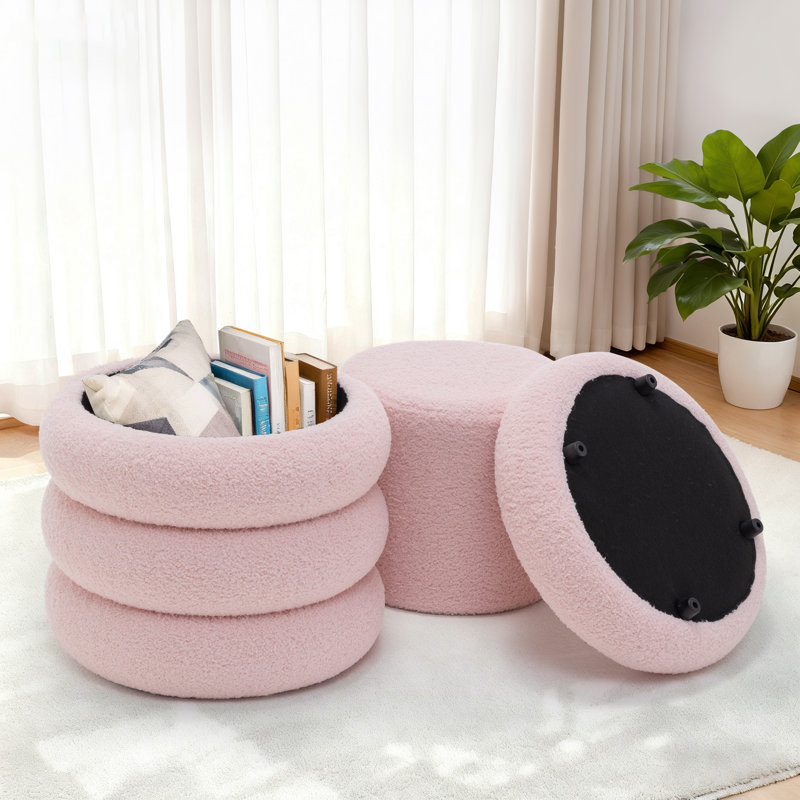 Round Ottoman , Teddy Velvet Upholstered Ottoman With Storage， Ottoman for Living Room and Bedroom(set of 2), Khaki