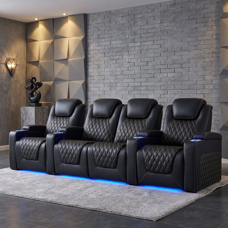 Top Grain Leather Home Theater Seating 7 Color Ambient Lighting Row Of 4 Loveseat Middle, Black