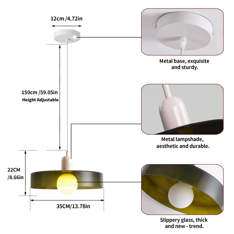 Luminaire suspendu 0 lumière, Vert, Blanc, H 8,66 po x l 13,78 po x P 13,78 po