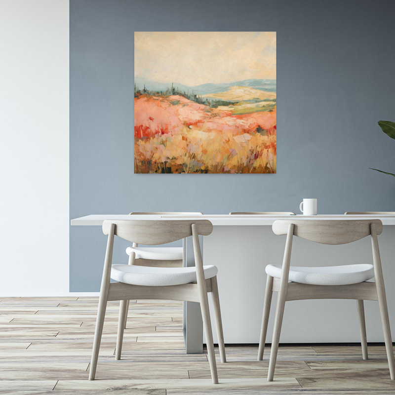 «Pink Fields with Blue Mountains», paysage paisible et paisible contemporain, art mural