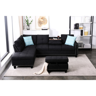 Canapé modulaire 3 pièces en forme de L pour marathons de cinéma, siège pour quatre personnes, siège central escamotable avec porte-gobelets, deux coussins décoratifs assortis et rangement intérieur assorti, structure en bois massif et en bois d'ingénierie