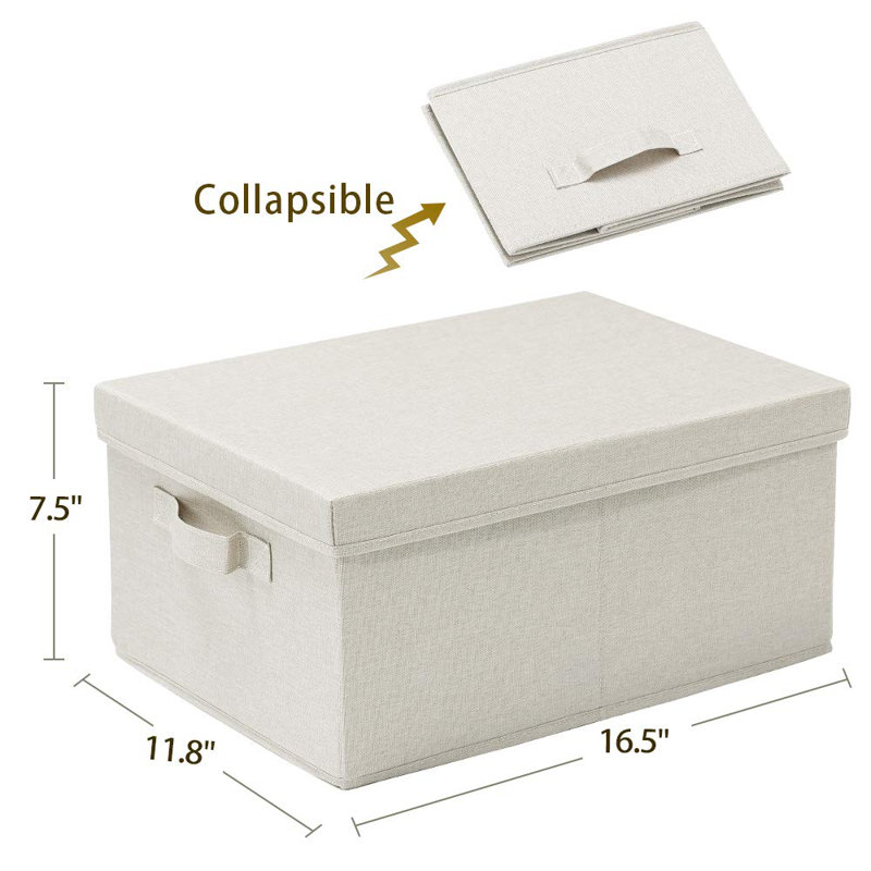 Foldable Storage Bins With Lids, 2 Pack, Storage Boxes With Carrying Handles And Sturdy Heavy Cardboard, 16.5" L X 11.8" W X 7.5" H For Shoes, Books, Clothes, Linens, Beige