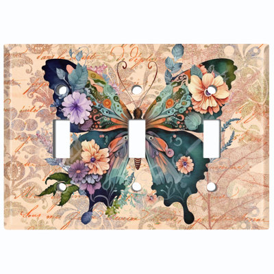 Metal Light Switch Plate Outlet Cover (Colourful Butterfly Flowers Damask Letter - Triple Toggle)