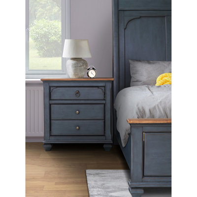 Commode de chevet Style - Velours côtelé bleu, 3 tiroirs, table de rangement en velours côtelé 3 sans assemblage, caoutchouc massif et placages de bouleau