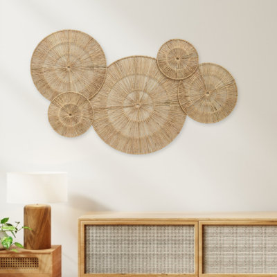  18 Inch Wicker Jute Wall Decor, Large Set of 5 Woven Jute Wall Plates, Decorative Baskets for Wall Arts, Wall Hanging for Bedroom, Living Room, Office Space