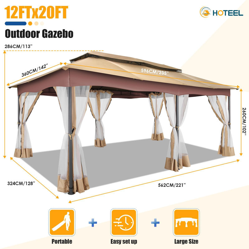 12 x 20 FT Heavy Duty Gazebo with Netting Outdoor Gazebo, Khaki