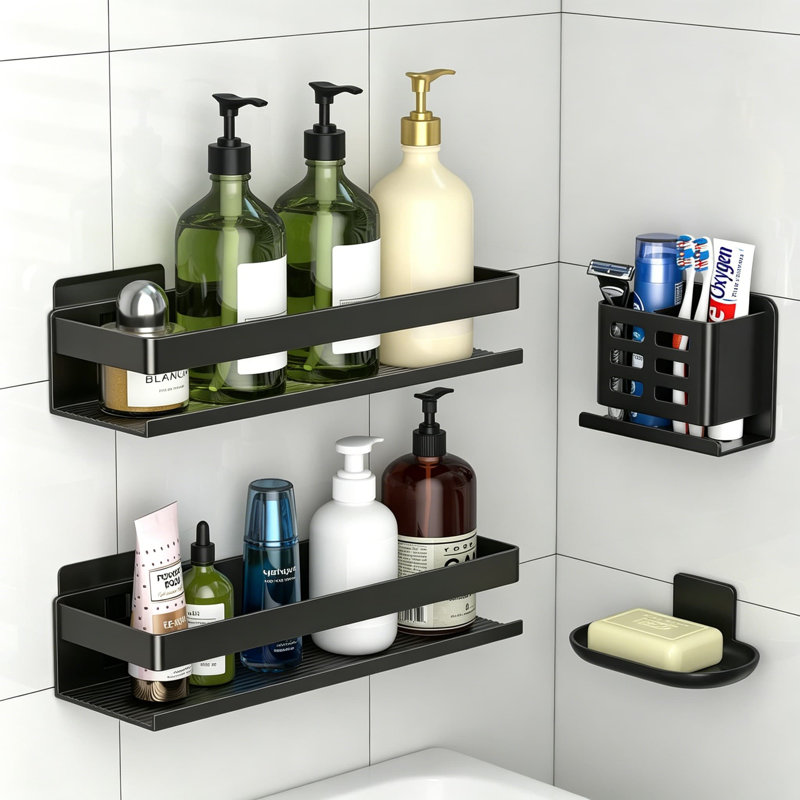 Ensemble de 4 tablettes de salle de bain en aluminium antirouille avec installation adhésive, sans perçage requis, rangement mural imperméable pour shampooing, savon, brosse à dents, 11,8 po