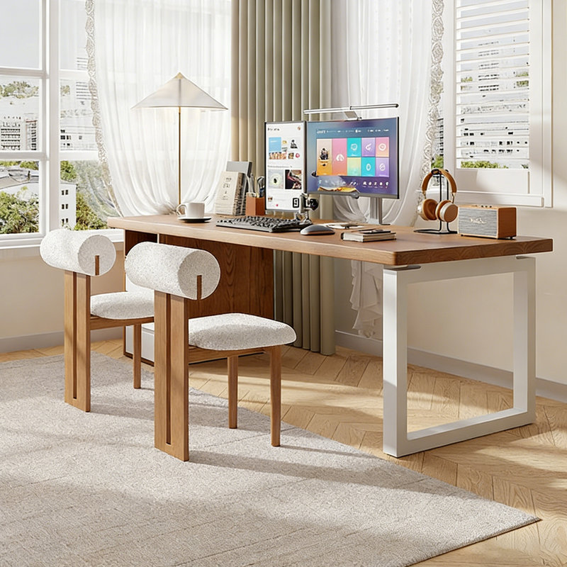 Light Walnut Color+White Rectangular Solid Wood with 3 drawers desk, 29.53"H×78.74"L×23.62"W
