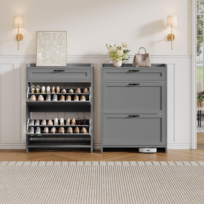 Shoe Cabinet with 2 Flip & 1 Top Drawer, Wooden Adjustable Organizer for Entryway & Living Room, Gray, 3