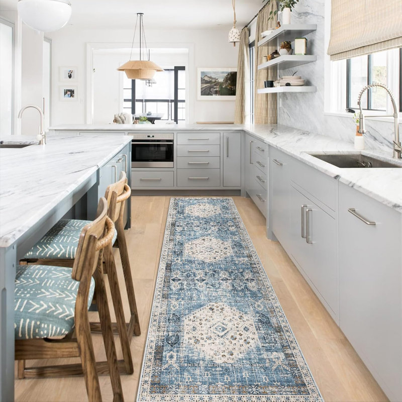 Washable Living Room Area Rug - Small Bedroom Rugs Vintage Rustic Style Carpets with Non Slip Backing Distressed Floor Mat for Dining Room Kitchen Bathroom (Aqua Blue')