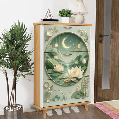 Rangement pour chaussures avec 3 tiroirs rabattables pour fleur de lotus, scène de lac, croissant de lune, nénuphars, élégant range-chaussures botanique