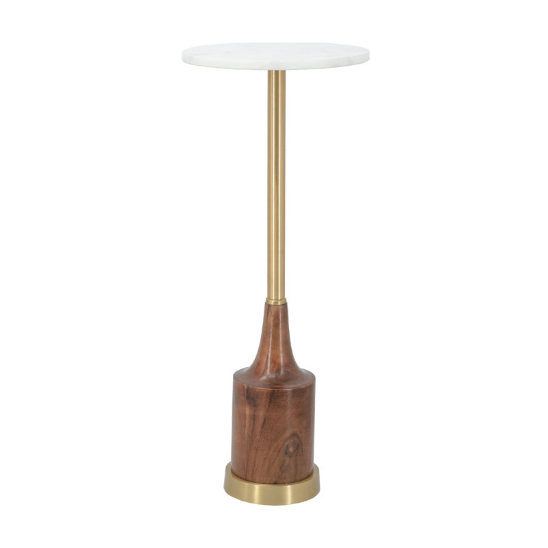 Round Side Table with Marble Top & Wooden Base - 9.5"Dia. - White/Gold/Brown