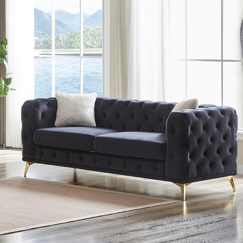 Deluxe Velvet Sofa with Chesterfield Tufted Buttons with 2 Pillows and Metal Feet, Black