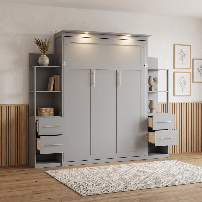 Murphy Bed Wall Bed with Shelves, Drawers and LED Lights, Gris, Lit double
