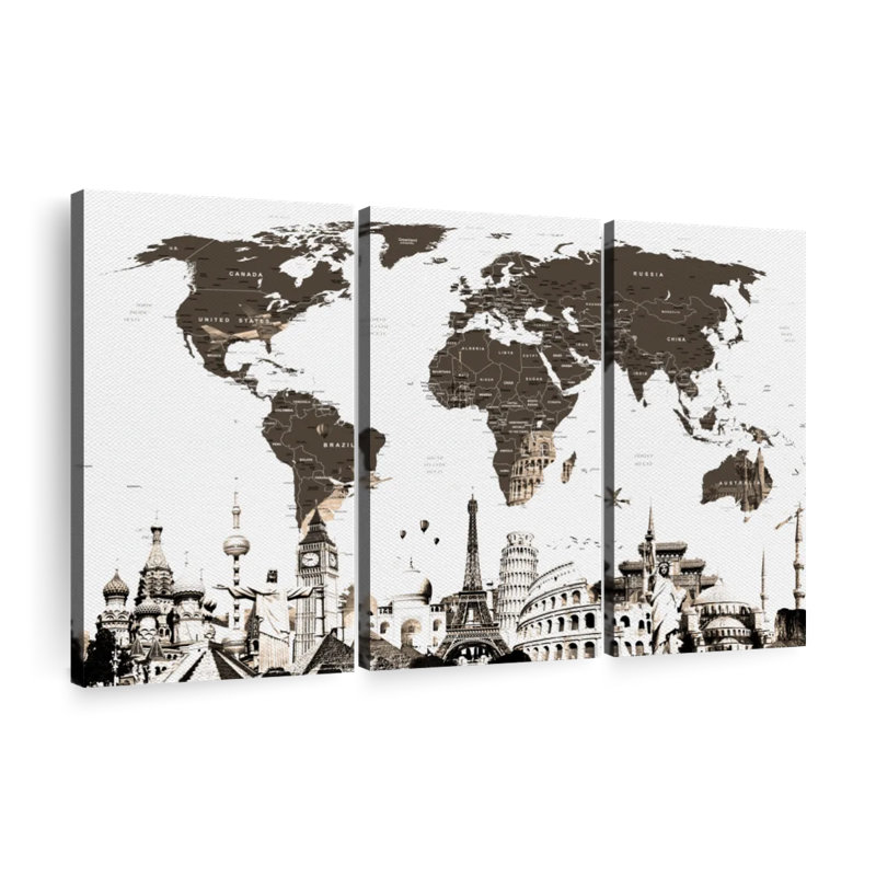 Ensemble 3 pièces carte du monde sur toile gris ardoise, H 24 po x l 38 po x P 1,25 po