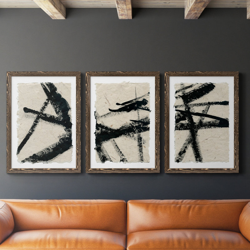 «Lines Crossed I», ensemble de 3 peintures sur toile encadrées, H 20 po x l 51 po x P 1,5 po, Noyer