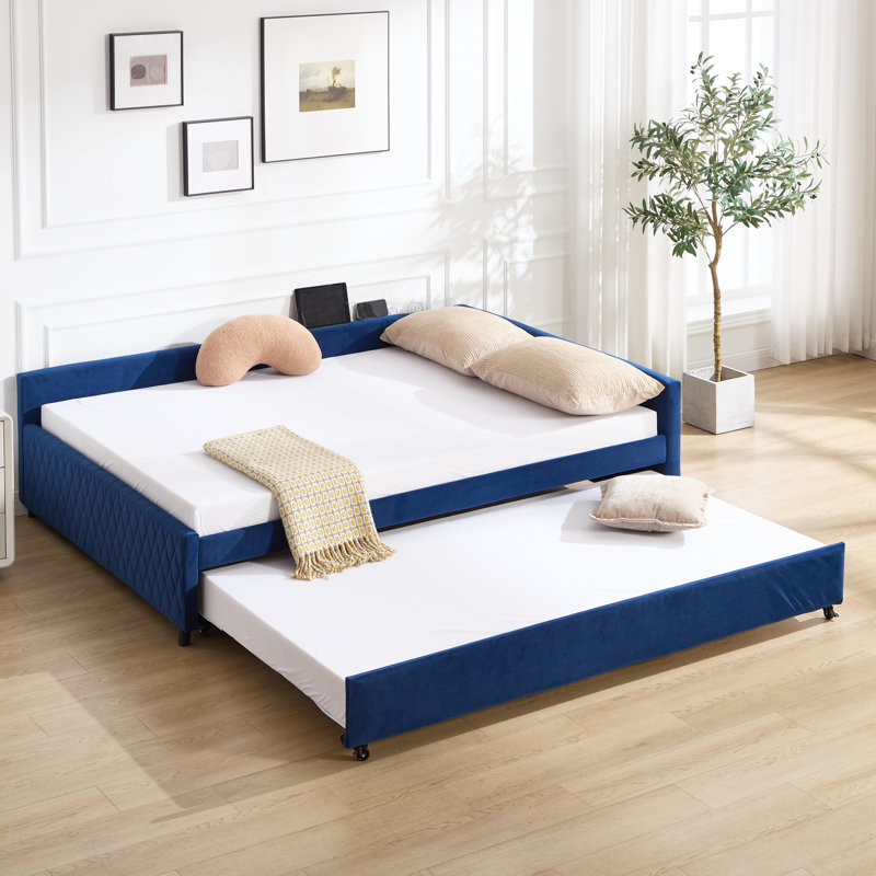 Lit de jour rembourré avec lit gigogne et structure en bois robuste avec un design moderne en grille de diamant pour la chambre à coucher ou la chambre d'amis.