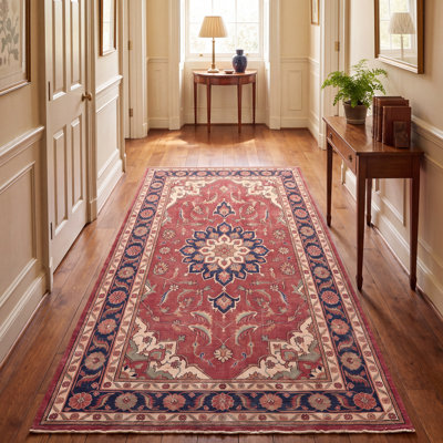 Tapis Cliff traditionnel à médaillon délavé, style persan, bleu marine, orange, or, vert, crème, ivoire, antidérapant, à poils courts, adapté à une utilisation intérieure et extérieure, idéal pour les animaux domestiques, salon, chambre, salle à manger, entrée, couloir, bureau, lavable