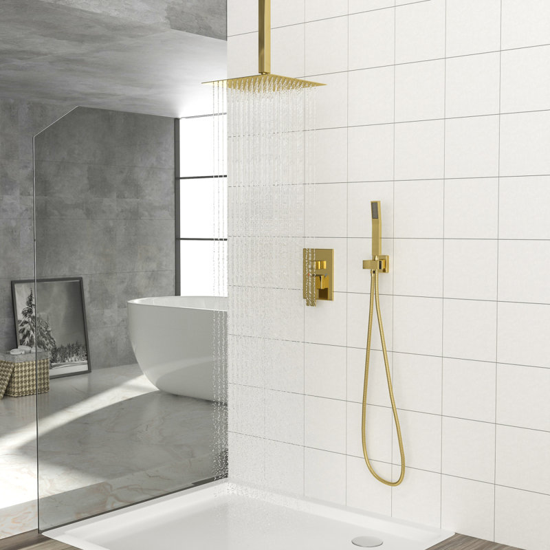 Système de douche carrée à double tête de douche 16 po avec valve Roughin, or