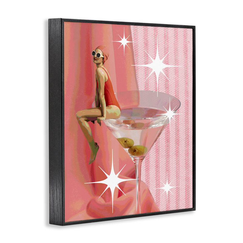  «Vintage Swimmer on Drink», estampe numérique par Daphne Polselli, H 20 po x l 16 po, Giclée encadrée noir minuit