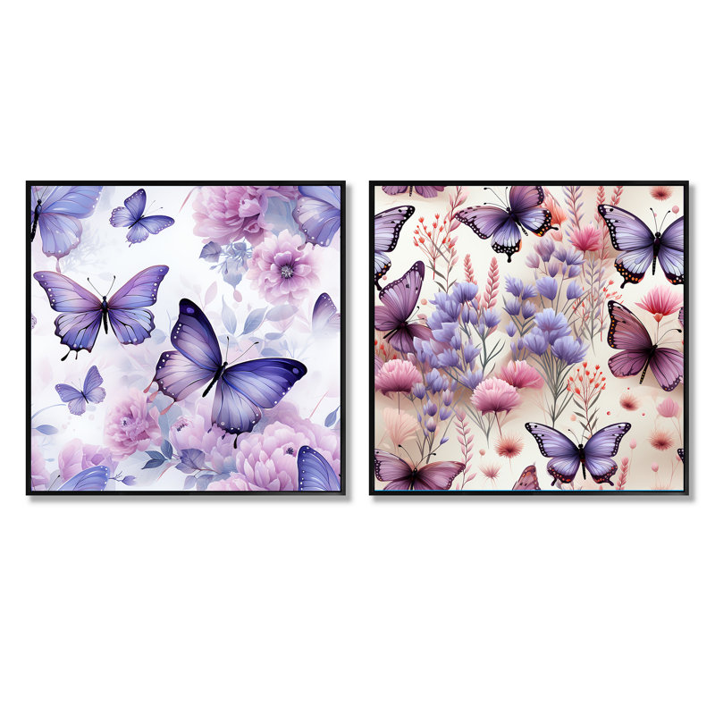 Fluttering Purple Butterflies Pattern - Animals Butterfly Square Collage Set Of 2, Black Floater Framed, 16" H x 33" W