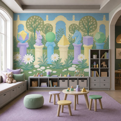 Papier peint mural surréaliste représentant un jardin, des arches classiques et des formes géométriques.