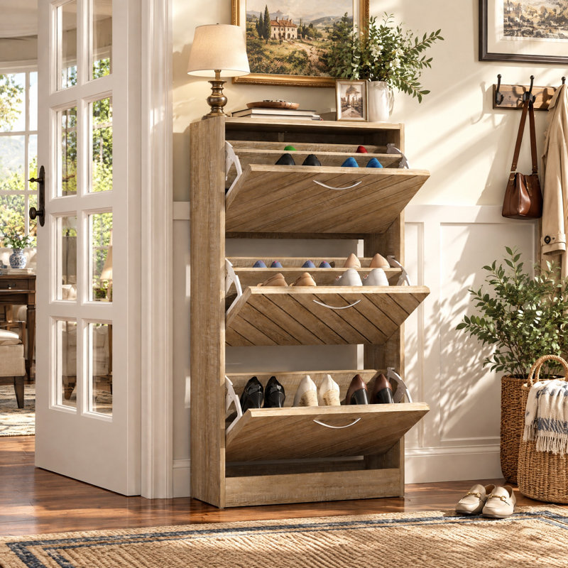 12 Pair Shoes Storage Cabinet with 3 Flip Drawers, Brown