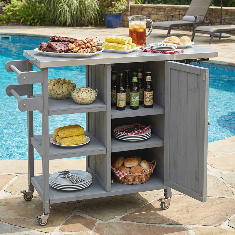 Foldable Outdoor Kitchen Island with Lockable Wheels, Storage Cabinet, and Towel Rack for Patio and Compact Spaces, Gray