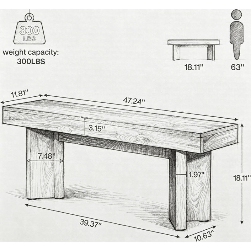 47" Farmhouse Dining Bench, Wood Kitchen Table Bench With Sturdy Triangular Base, Rustic Entryway Bench Indoor Seating, Black
