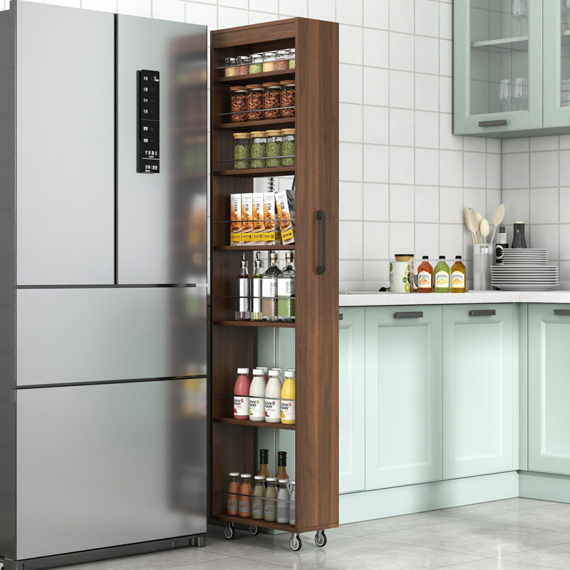 Chariot de rangement coulissant en noyer à 7 niveaux pour espaces étroits, tablette de cuisine mobile