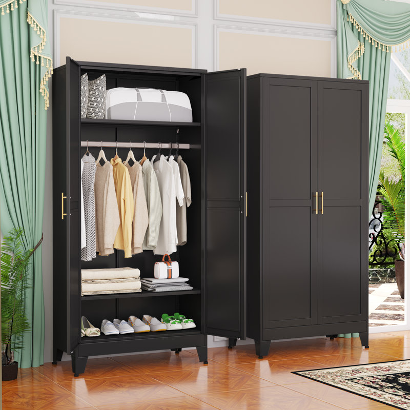 Metal Clothing Storage Cabinets Armoire Wardrobe Closet With Hanging Rod And Adjustable Shelves For Bedroom, Black