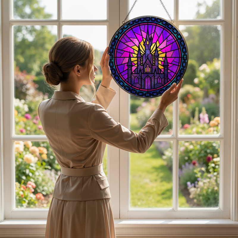 12"H Castle Stained Stained Glass Window Panel