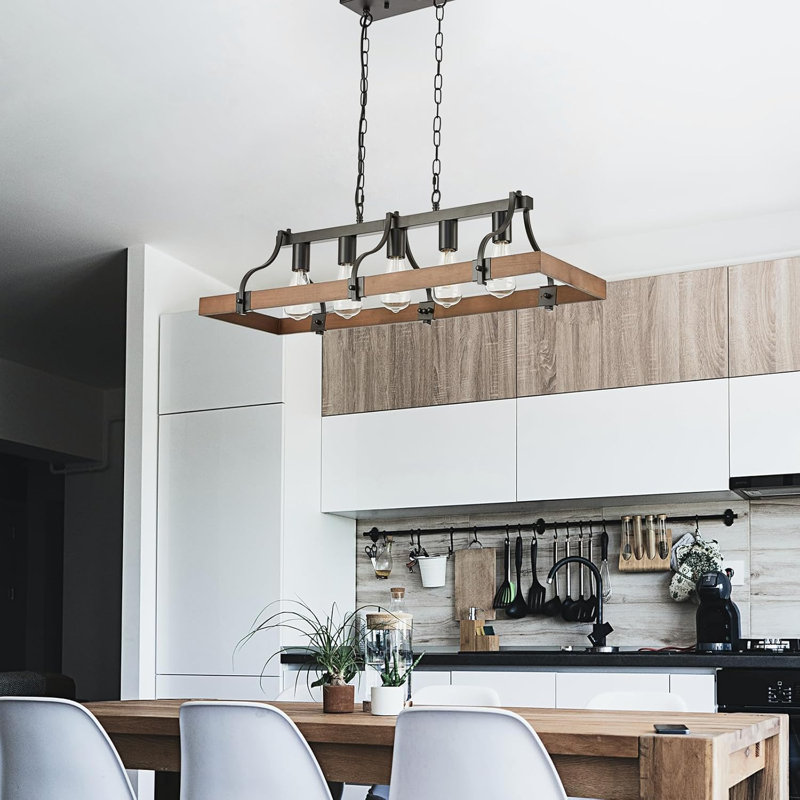 Rustic Farmhouse Chandelier With Wood And Metal Design, 5-Light Linear Ceiling Fixture For Dining Room And Kitchen Island
