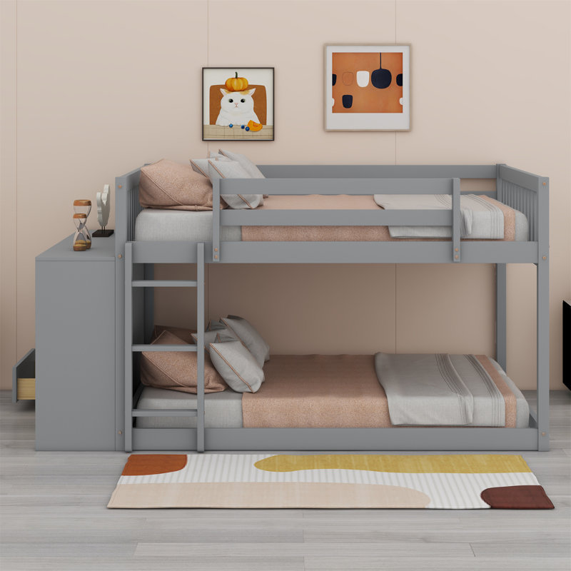 Lit superposé avec 4 tiroirs et 3 tablettes, Gris, Double sur double