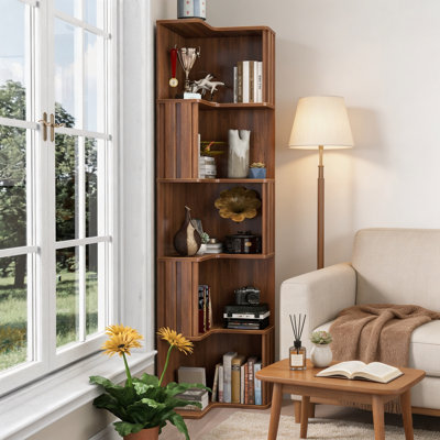5-Tier Corner Bookshelf with Fluted Baffle, L-Shaped Freestanding Display Shelf – Space-Saving Bookcase for Living Room, Bedroom & Home Office