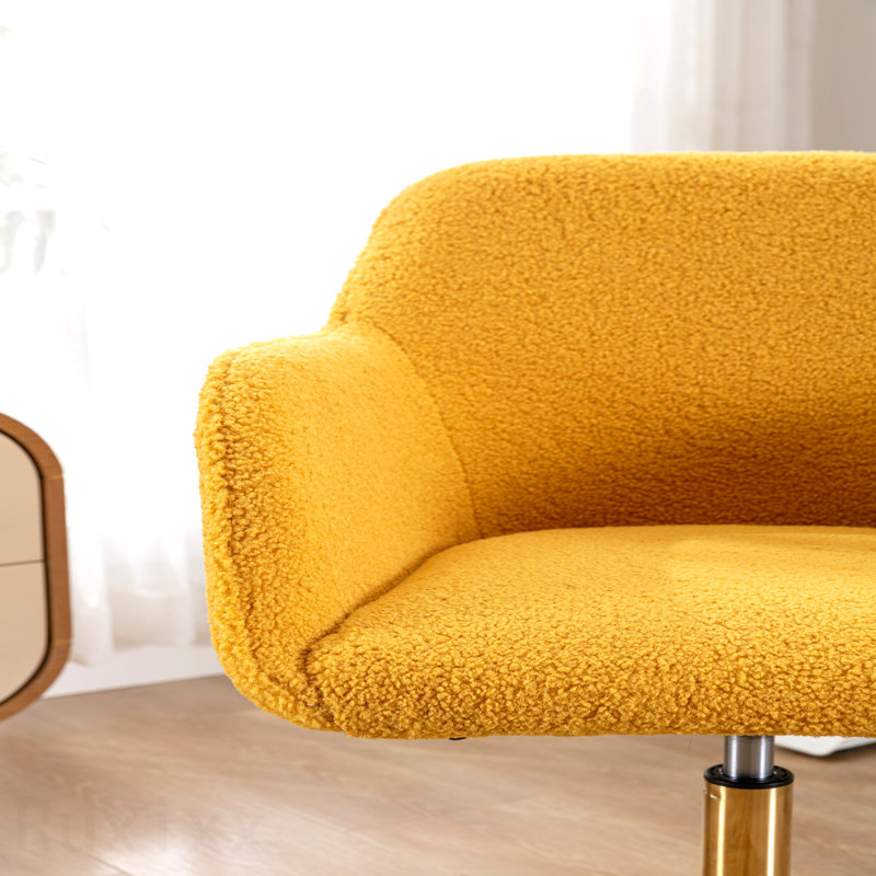 Yellow Modern Teddy Fabric Office Chair, Adjustable Height 360 Revolving Home Office Chair, With Gold Metal Legs And Universal Wheel For Indoor