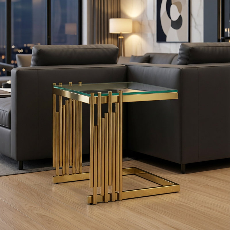 12'' Square Luxury End Table,Gold Steel Frame,Clear Tempered Glass Top Side Table,Living Room Accent Table