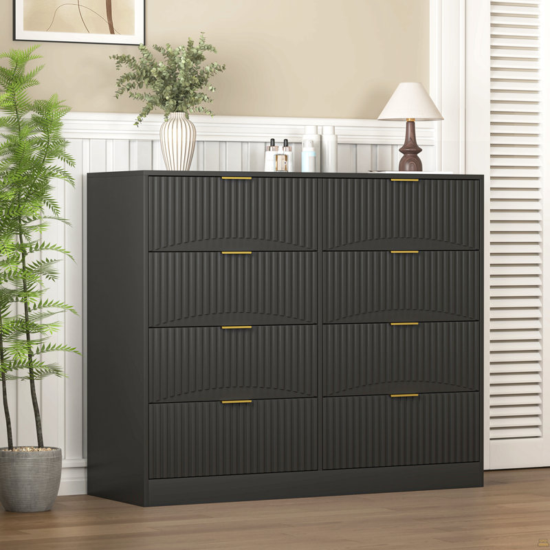Commode 8 tiroirs pour chambre à coucher, commode en bois de 47,2 po de largeur avec poignée en métal doré