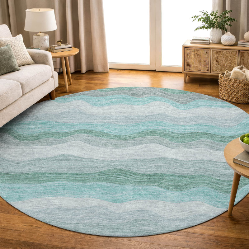 Premium Machine Washable Mayfield AMF2397 Striped Rug, Teal, 8' Round