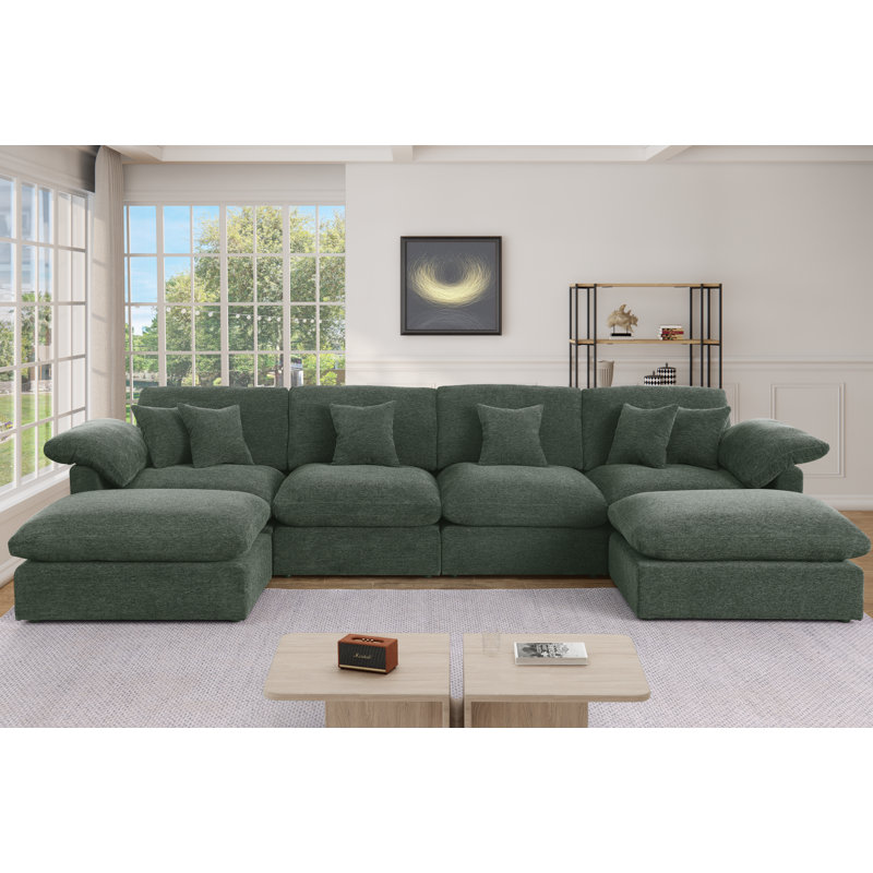 155.7" W 6-Piece Modular Chenille Sectional, Green Chenille