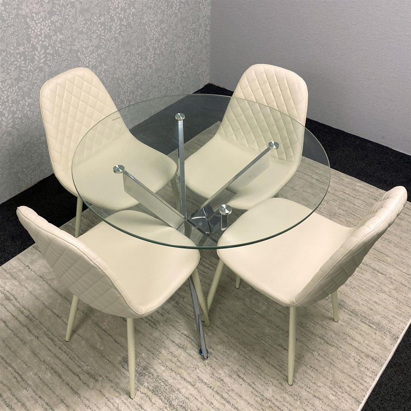 Maya Round Glass Dining Table with 4 Gem Chairs Chrome Finish, Cream