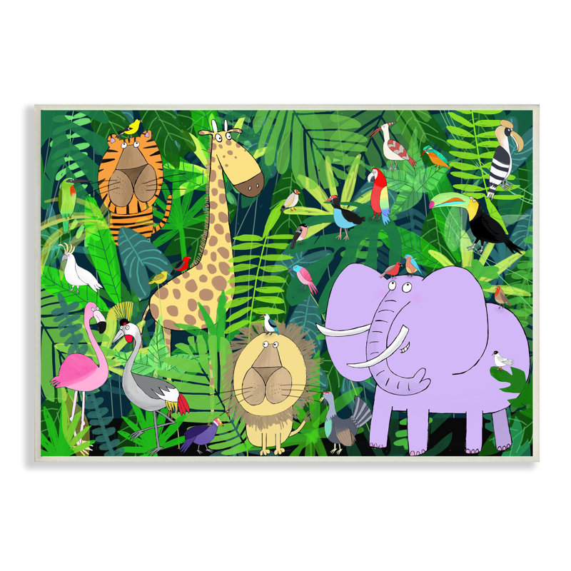 Illustration safari ludique d'animaux dans la jungle verte, H 10 po x l 15 po, Plaque murale