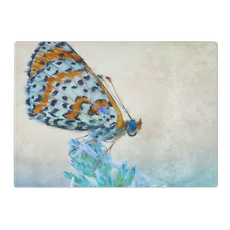 Tempered Glass Butterfly Perched uponA Flower Chopping Board, 28.5 cm x 39 cm