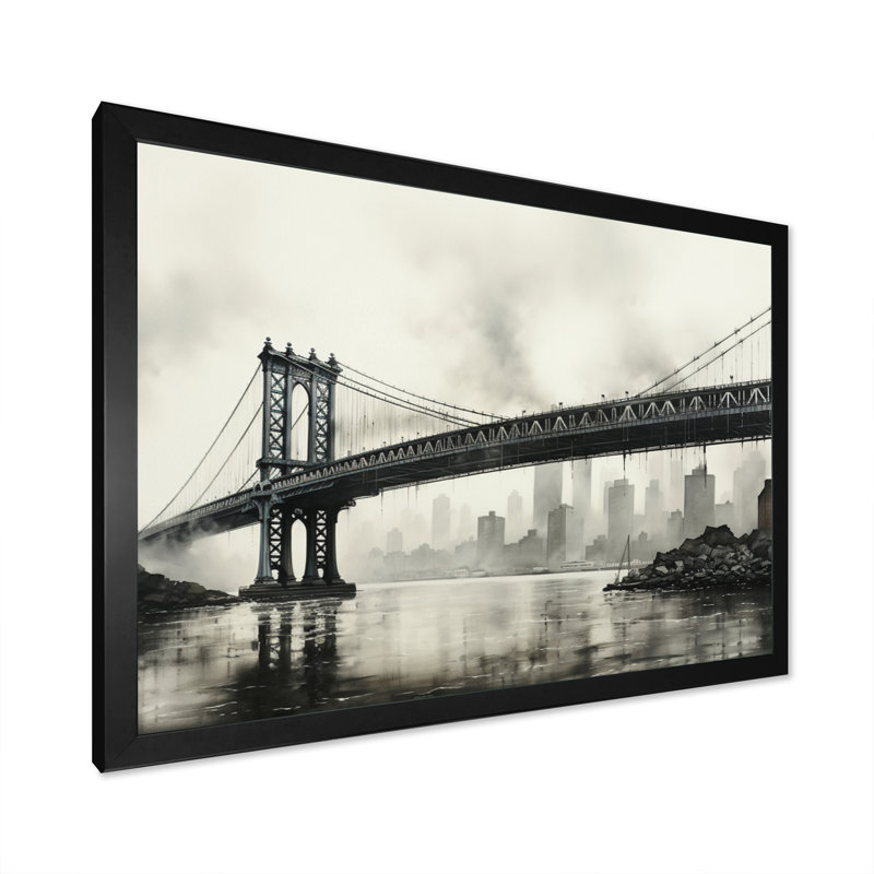 Gris pont suspendu à câble gris anthracite - Art mural sur toile, H 16 po x l 32 po x P 1 po, Cadre photo noir